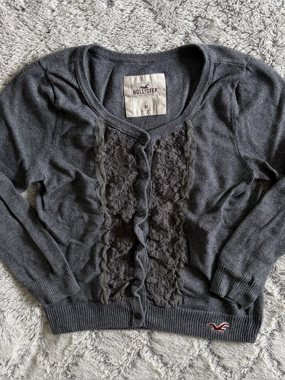 Hollister Betty’s Lace Trim Button Up Fitted Cardigan Grey Sz M Y2K Cottagecore
